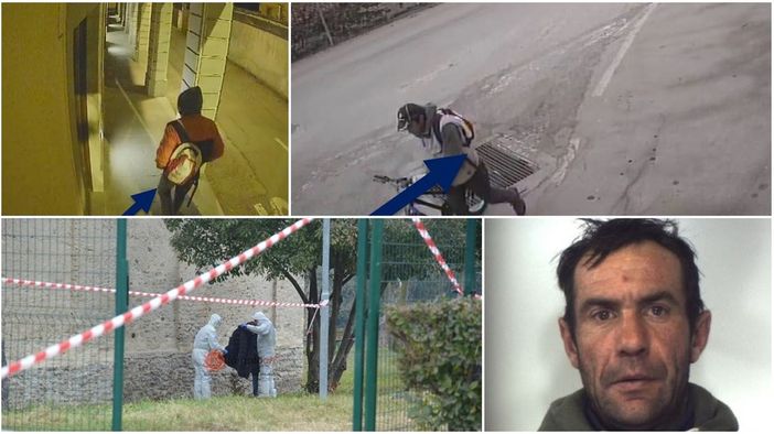 In alto Bianco ripreso in alcuni punti del paese. In basso i rilievi dei Carabinieri e la foto segnaletica dell'omicida