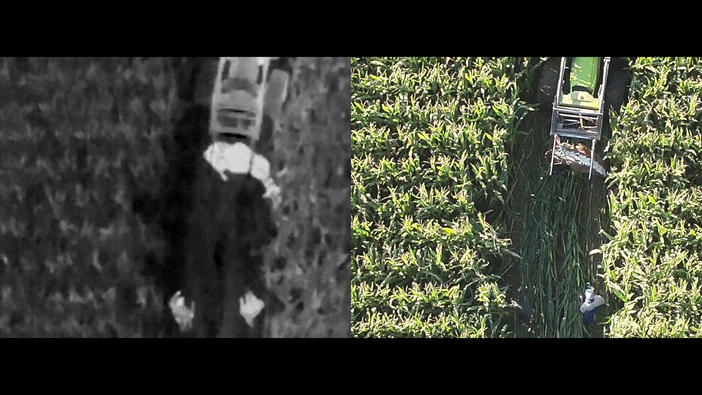 Le riprese delle telecamere dei droni, con traccia termica e senza Le riprese delle telecamere dei droni, con traccia termica e senza