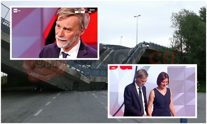Sullo sfondo il ponte crollato e, in primo piano, il ministro Delrio ospite da Bianca Berlinguer a #cartabianca