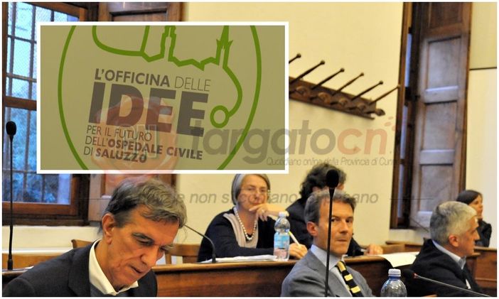 In alto il logo dell'"Officina delle idee". Sullo sfondo, l'opposizione di Saluzzo