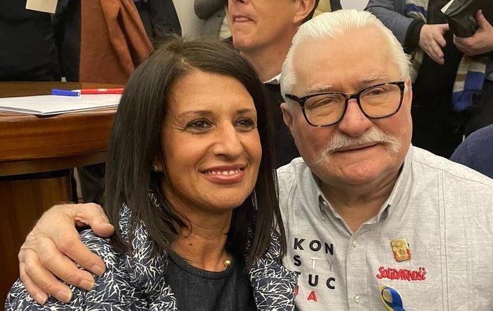 Giovanna Giolitti con lo storico leader di Solidarnosc e poi presidente della Repubblica polacca Lech Walesa