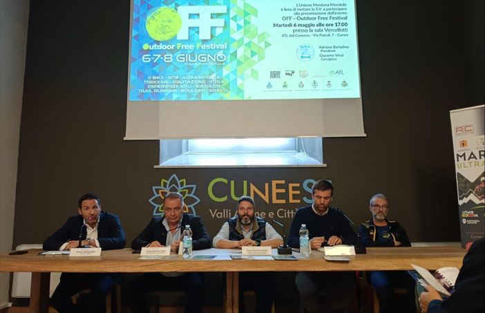 Nella foto: la presentazione alla stampa di OFF - Outdoor Free Festival. Da sinistra: il Presidente ATL del Cuneese Mauro Bernardi, l'Assessore Regionale al Commercio Paolo Bongioanni, il Sindaco di Roccaforte Mondovì Paolo Bongiovanni, l'Assessore alle Manifestazioni di Villanova Mondovì Giacomo Vinai e il Presidente del Team Marguaresi ASD nonché organizzatore del MUT Gabriele Pascon Nella foto: la presentazione alla stampa di OFF - Outdoor Free Festival. Da sinistra: il Presidente ATL del Cuneese Mauro Bernardi, l'Assessore Regionale al Commercio Paolo Bongioanni, il Sindaco di Roccaforte Mondovì Paolo Bongiovanni, l'Assessore alle Manifestazioni di Villanova Mondovì Giacomo Vinai e il Presidente del Team Marguaresi ASD nonché organizzatore del MUT Gabriele Pascon