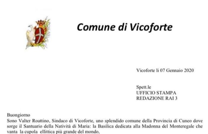 L'incipit della lettera indirizzata dal sindaco di Vicoforte alla Rai