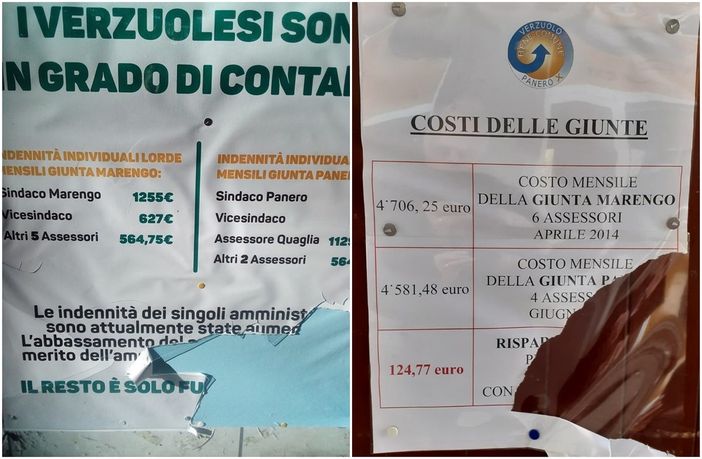Da sinistra, i manifesti di “Verzuolo per tutti” e “Verzuolo bene comune” danneggiati