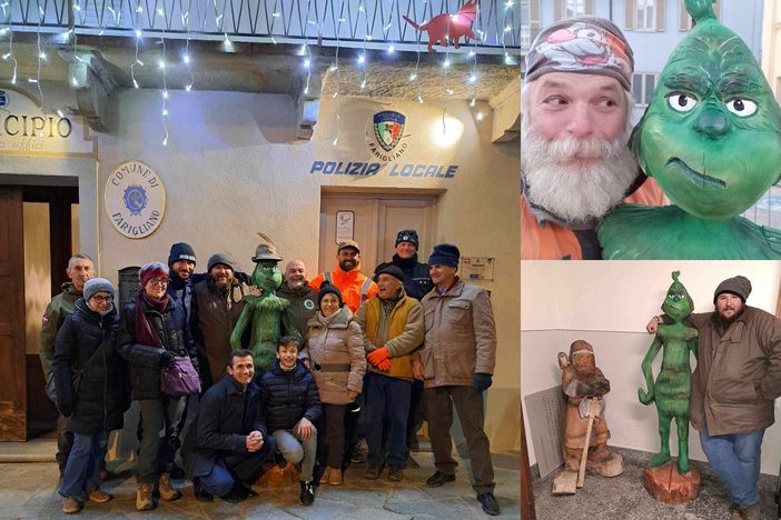 A Farigliano è arrivato il Grinch, scolpito da Barba Brisiu