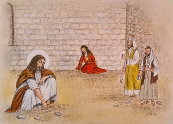 Gesù e la donna adultera nel disegno di Pinuccia Sardo Gesù e la donna adultera nel disegno di Pinuccia Sardo