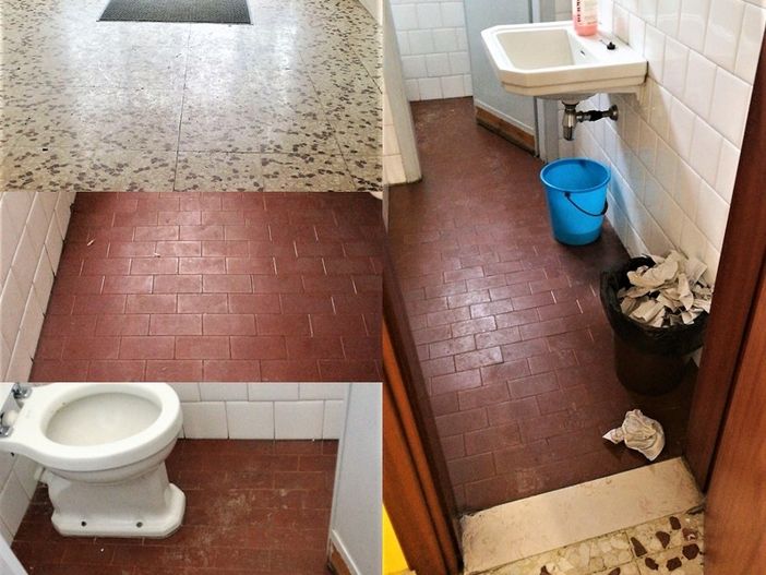 Pavimenti sporchi, cestini non svuotati: ecco come si presentavano stamane le ex elementari di Piazza