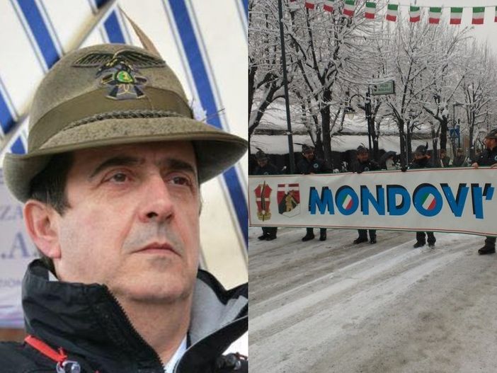 Gianpiero Gazzano, presidente della sezione ANA di Mondovì, e un'immagine di repertorio degli Alpini monregalesi