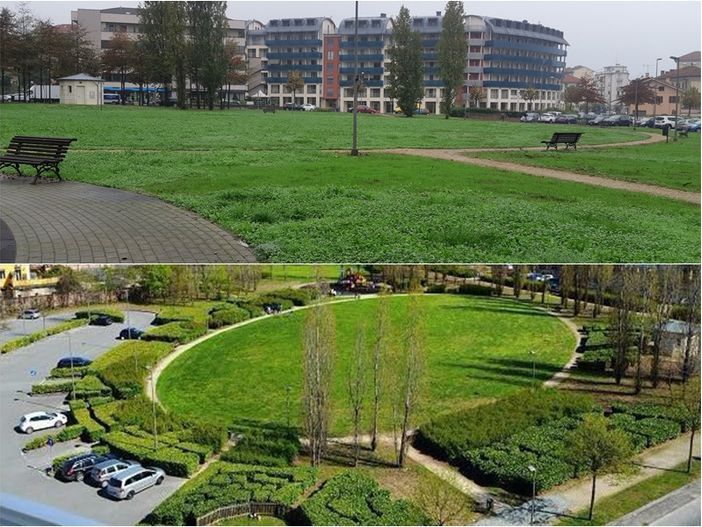 Un'area del parco Gullino e sotto il disegno precedente del parco Un'area del parco Gullino e sotto il disegno precedente del parco