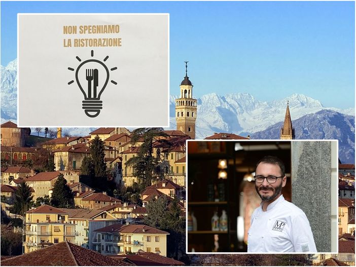 In foto, Saluzo, Massimiliano Prete, il logo della manifestazione "Non spegniamo la ristorazione"