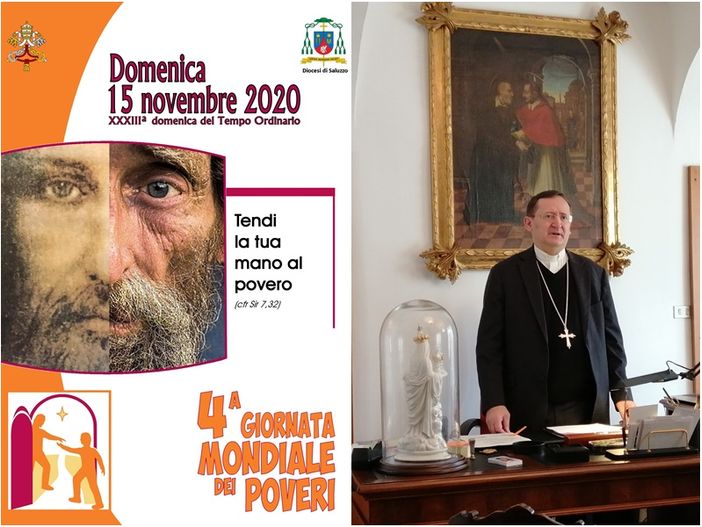 La locandina della Giornata mondiale della Povertà 2020 e il vescovo della Diocesi di Saluzzo Cristiano Bodo
