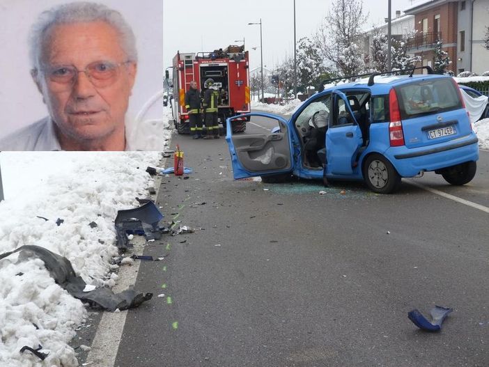La Panda coinvolta nello scontro e, nel riquadro, la vittima, Giuseppe Picetti. Fotoservizio Gisella Divino (© targatocn.it)