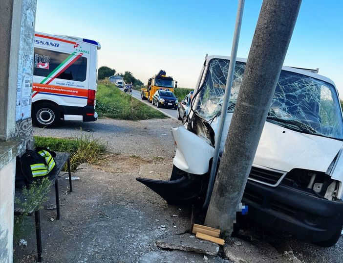 Il furgone finito contro il palo della luce a Consovero