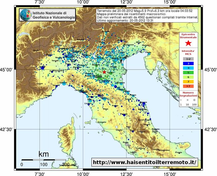 La mappa preliminare dei risentimenti macrosismici