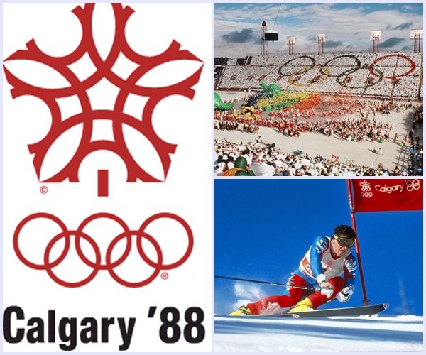 Nell'immagine il logo di Calgary 1988, un momento della cerimonia inaugurale e Alberto Tomba in azione Nell'immagine il logo di Calgary 1988, un momento della cerimonia inaugurale e Alberto Tomba in azione