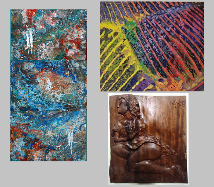 A sinistra l'opera di Angela Greco, in alto a destra il dipinto di Emilio Danaro, in basso la scultura di Basilio Buzzanca A sinistra l'opera di Angela Greco, in alto a destra il dipinto di Emilio Danaro, in basso la scultura di Basilio Buzzanca