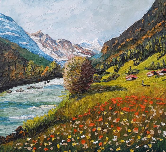 Uno scorcio della vallata di Entracque, opera di un anno fa (collezione privata