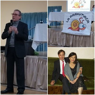 Il professor Alessandro Mauro, Claudio Rabbia e la moglie Ivana Revelli, il logo dell'associazione Parkimaca