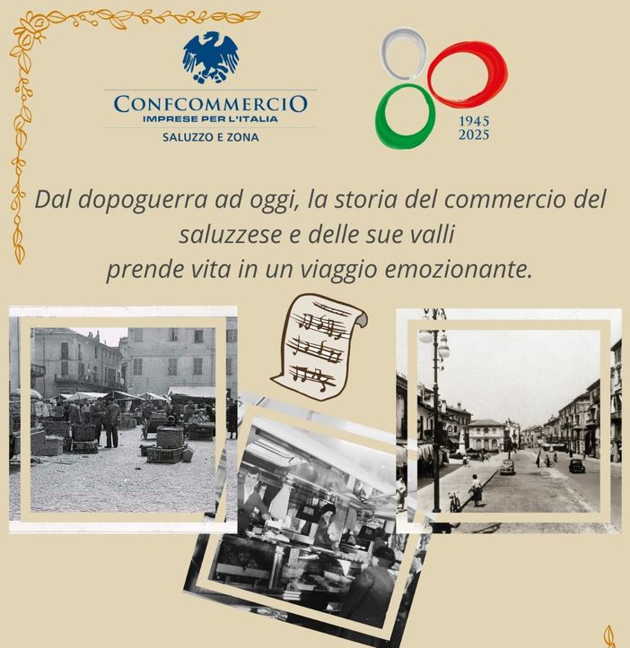 Locandina dell'evento celebrativo per gli 80 anni di Commercio di Saluzzo: tra storia,  memoria e musica