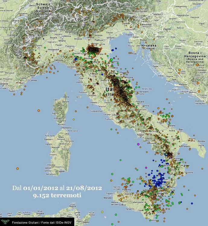 L'immagine diffusa dalla Fondazione Giuliani con i dati INGV ed ISIDe