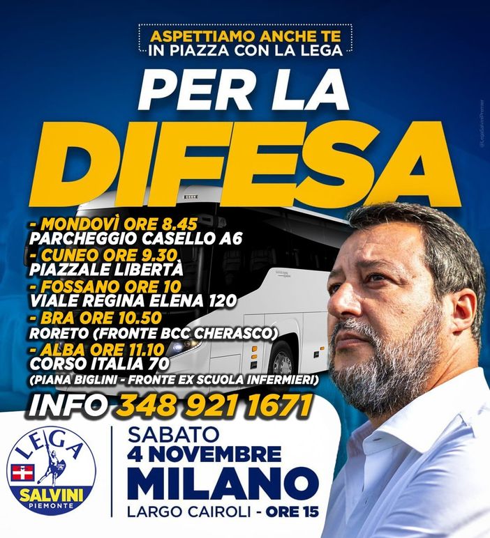 A Milano per la "difesa della libertà, contro il terrorismo", la Lega Salvini Premier della Provincia di Cuneo organizza la trasferta