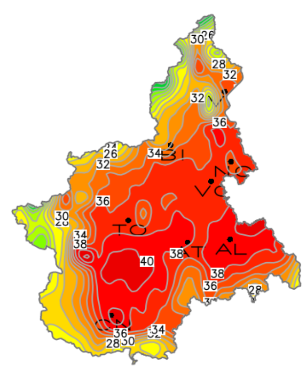 Le temperature massime percepite previste da Arpa per mercoledì 19 luglio