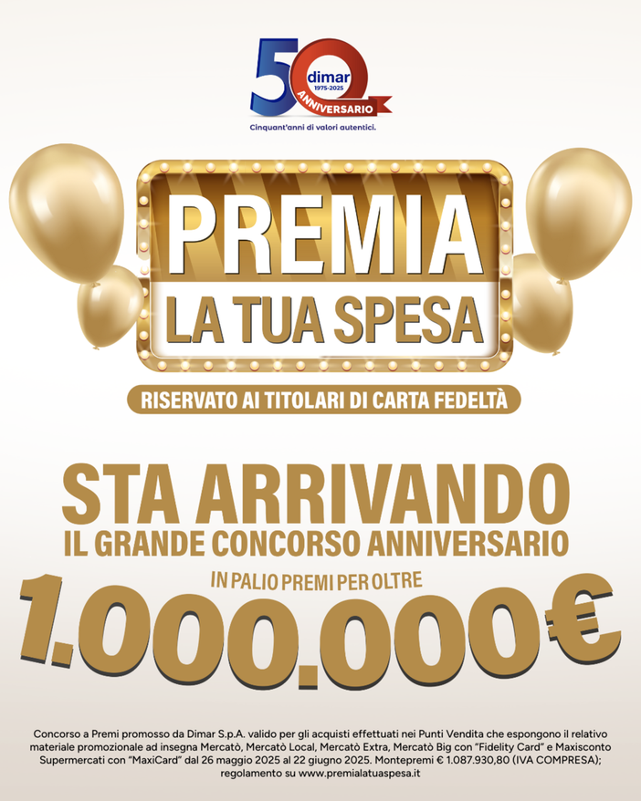 Dimar festeggia i suoi 50 anni e lancia il Grande Concorso Anniversario “Premia la tua spesa” Dimar festeggia i suoi 50 anni e lancia il Grande Concorso Anniversario “Premia la tua spesa”