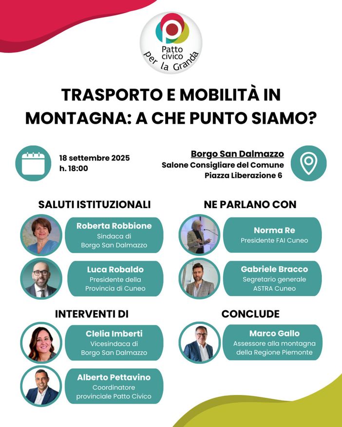 Trasporti e mobilità nelle aree montane al centro del convegno organizzato a Borgo San Dalmazzo da Patto Civico per la Granda