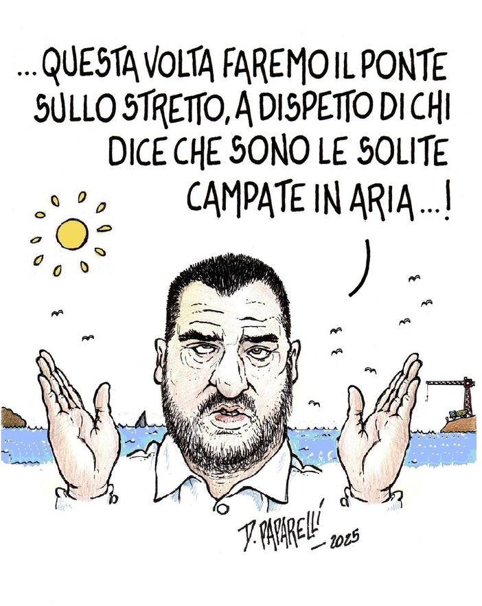 Salvini e l'approvazione del ponte sullo stretto di Messina, la nuova vignetta di Danilo Paparelli