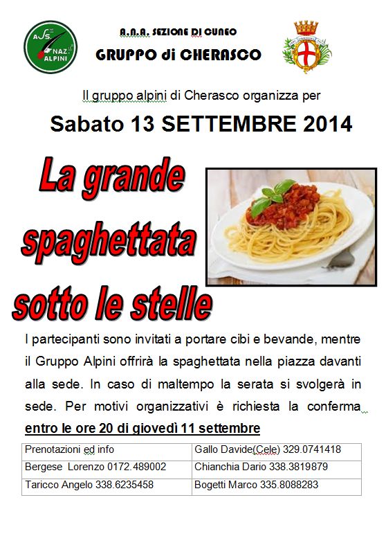 Cherasco, spaghettata sotto le stelle del Gruppo Alpini