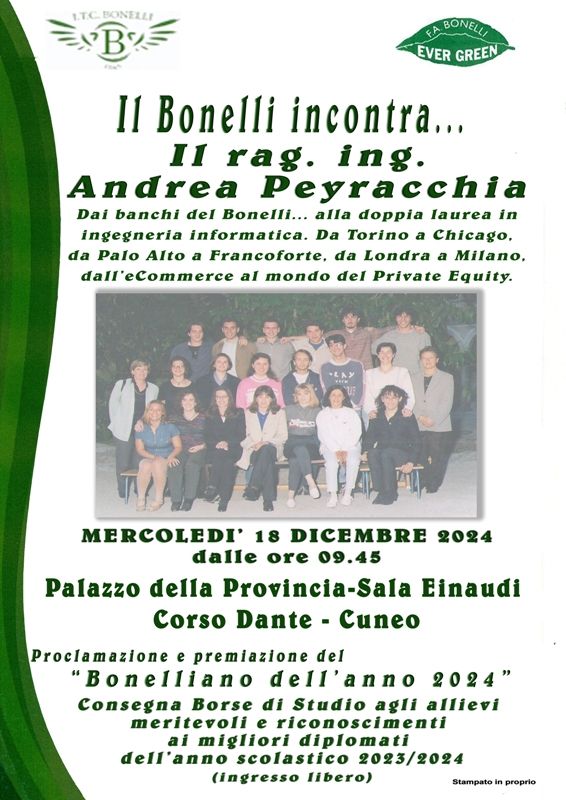 L'ex studente Andrea Peyracchia sarà "Bonelliano dell'anno"