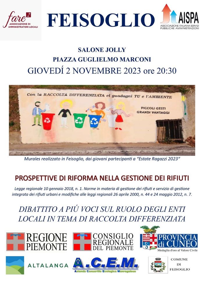 Una serata dedicata alla normativa dei rifiuti e raccolta differenziata, il 2 novembre a Feisoglio