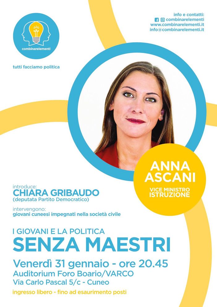 "Senza Maestri" con Combinarelementi, il 31 gennaio Anna Ascani all'Auditorium Foro Boario per parlare di giovani e politica "Senza Maestri" con Combinarelementi, il 31 gennaio Anna Ascani all'Auditorium Foro Boario per parlare di giovani e politica