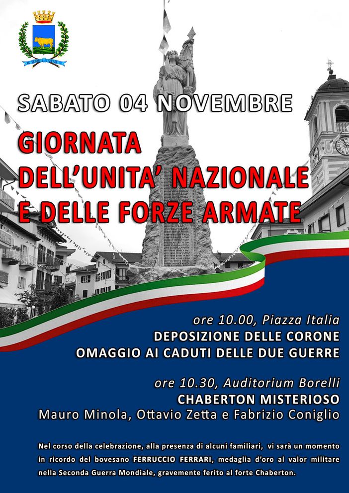 Boves, il programma per la celebrazione della  Giornata dell'Unità Nazionale e delle Forze Armate