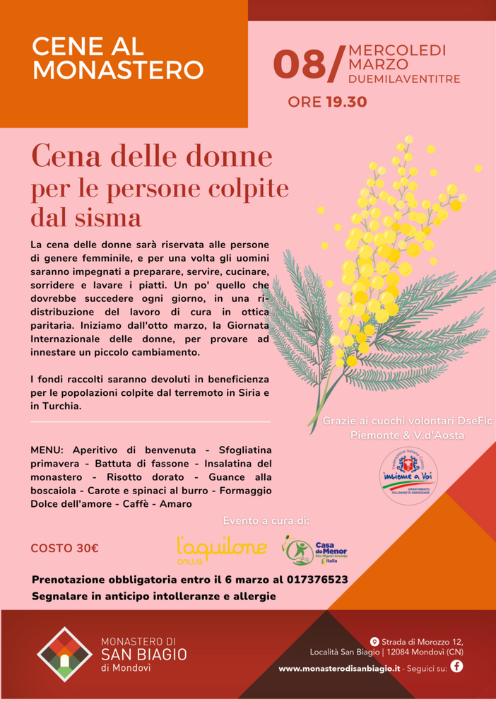 Al monastero di San Biagio Mondovì la Cena delle Donne con un menù cucinato interamente da uomini