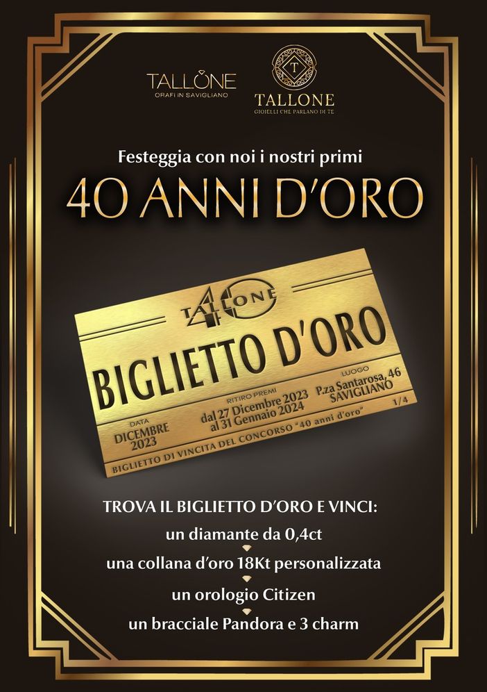 Le gioiellerie Tallone di Savigliano e Fossano festeggiano i loro primi 40 anni d’oro Le gioiellerie Tallone di Savigliano e Fossano festeggiano i loro primi 40 anni d’oro