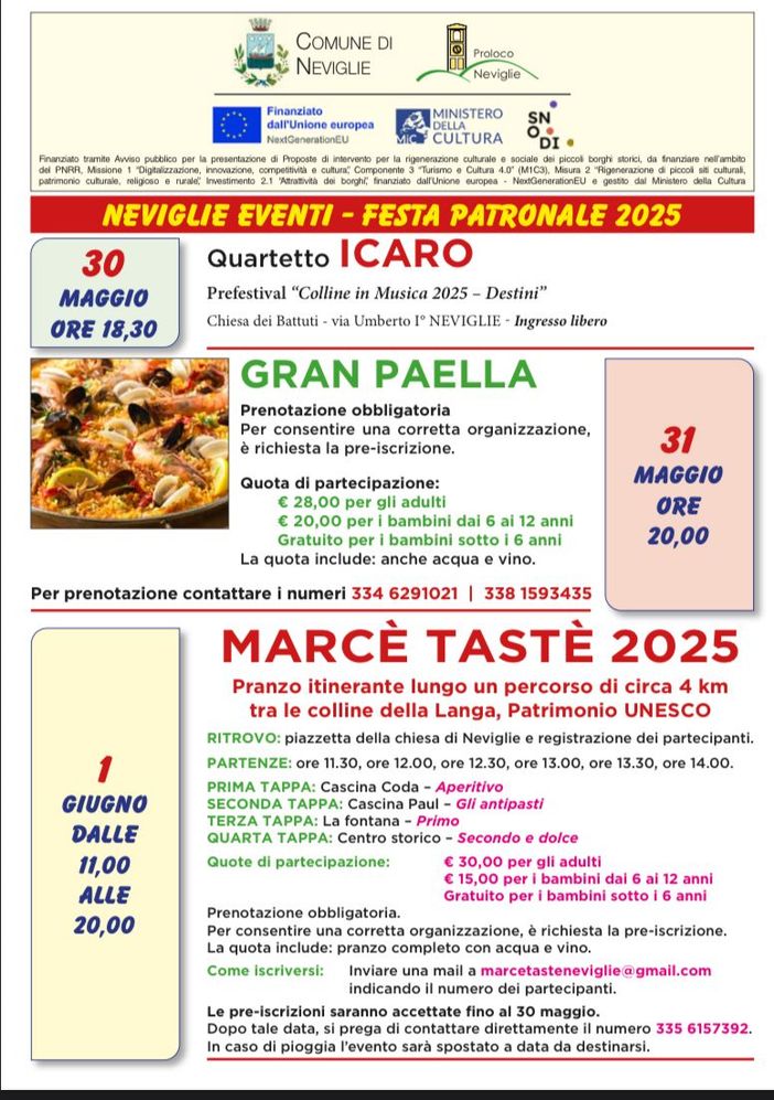 Neviglie in festa: musica, paella e camminata tra le colline per la Patronale 2025 Neviglie in festa: musica, paella e camminata tra le colline per la Patronale 2025