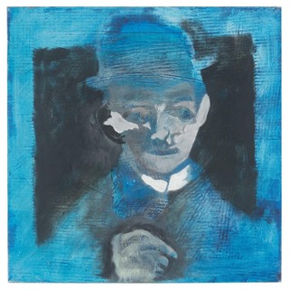 Mario Lattes, Senza Titolo [ritratto d'uomo con bombetta in blu] /[Kafka]; olio su tela, senza data, 60x60