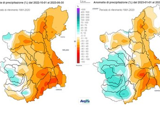 L'anomalia percentuale di precipitazione cumulata dall’inizio dell’anno idrologico (sinistra) e dall’inizio dell’anno solare (destra) rispetto alla norma del medesimo periodo nel trentennio 1991-2020 (Arpa Piemonte)