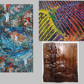 A sinistra l'opera di Angela Greco, in alto a destra il dipinto di Emilio Danaro, in basso la scultura di Basilio Buzzanca