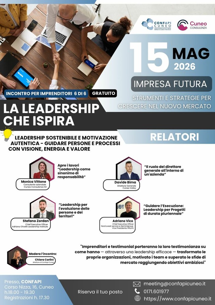 "La leadership che ispira": Confapi Cuneo chiude il ciclo di incontri "Impresa futura"