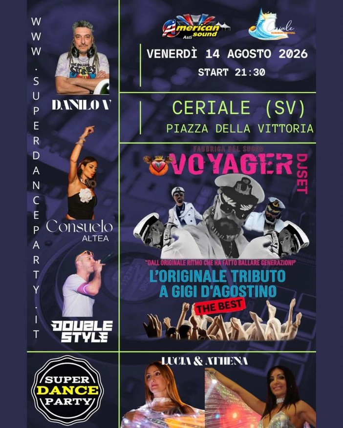 Ceriale Summer Festival, vigilia di Ferragosto con "Super Dance Party" e tributo a Gigi D'Agostino Ceriale Summer Festival, vigilia di Ferragosto con "Super Dance Party" e tributo a Gigi D'Agostino