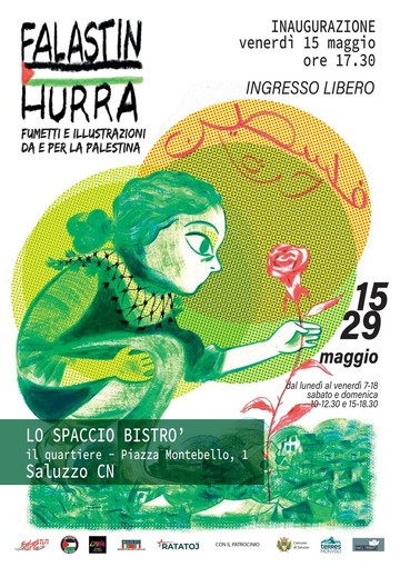 La locandina della mostra  Falastin Hurra 2.0 – From Strip to Motion che apre a Saluzzo venerdì 15 maggio