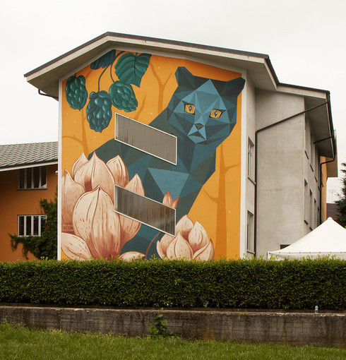 Il murale del gatto sulla parete nord della scuola elementare nel quartiere San Paolo di Cuneo