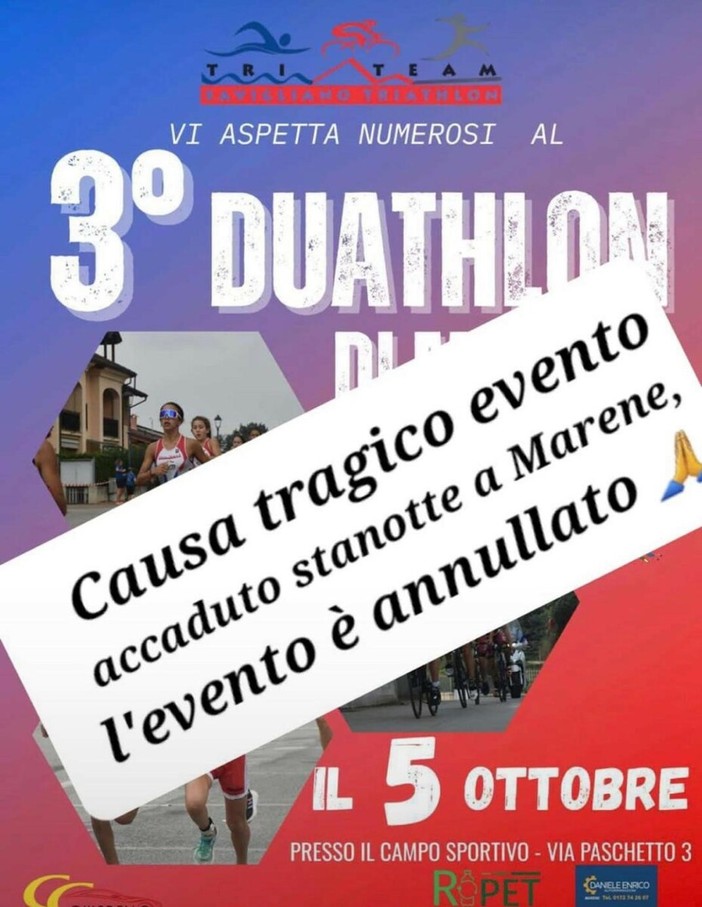 Marene in lutto per la morte di Francesco Mina: annullato il Duathlon che era previsto per domani 5 ottobre Marene in lutto per la morte di Francesco Mina: annullato il Duathlon che era previsto per domani 5 ottobre