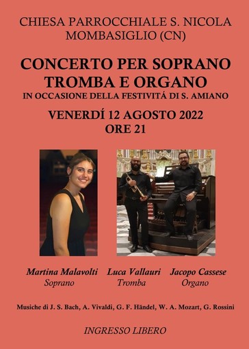 Il 12 agosto a Mombasiglio concerto per soprano con tromba e organo