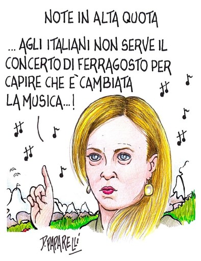 Meloni, il concerto di Ferragosto e la musica che cambia: la nuova vignetta di Danilo Paparelli Meloni, il concerto di Ferragosto e la musica che cambia: la nuova vignetta di Danilo Paparelli