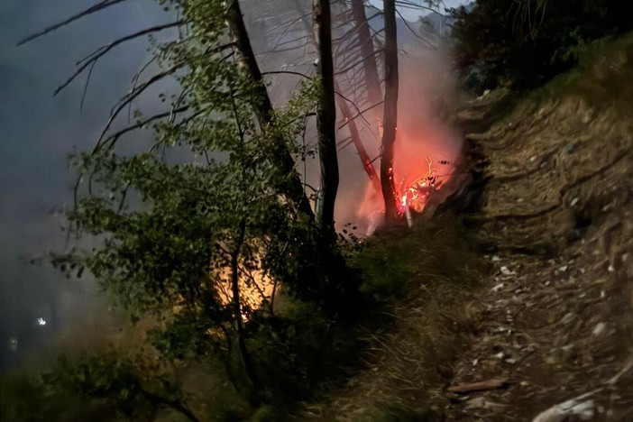 Fulmine provoca un incendio nei boschi sopra Valdieri: intervento nella notte di Vigili del Fuoco e Aib [FOTO]