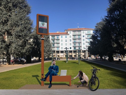 Un rendering della “smart bench” di piazza Europa