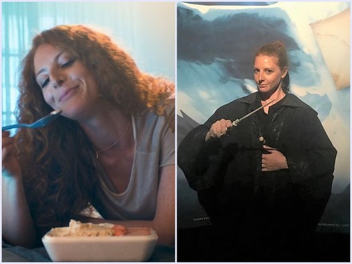 L'attrice vicese Sara Dho in un fermo immagine dello spot girato per Sky (a sinistra) e nei panni di un'insegnante di Hogwarts a &quot;Harry Potter: The Exhibition&quot; (a destra)